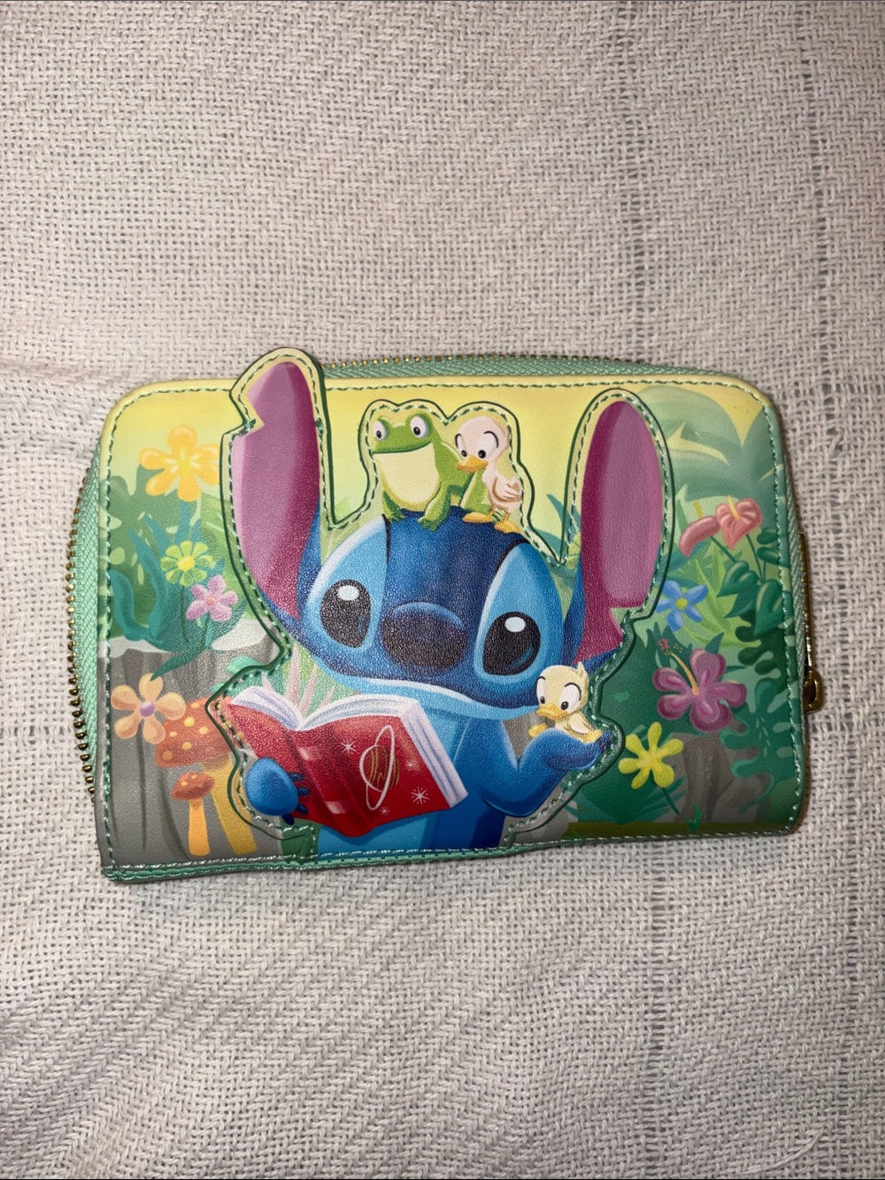 Loungefly Blue Stitch Jungle Zip Wallet with Green Background and Pink Ears